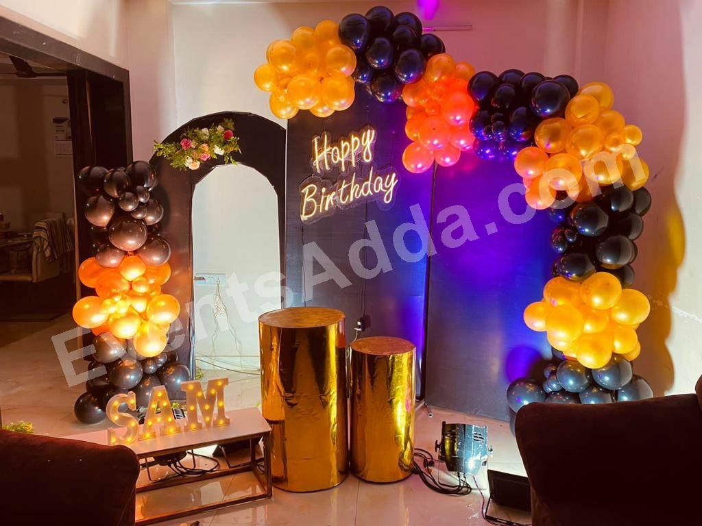 Black & Gold Luxury Birthday Decoration with LED Neon Sign Decoration in Gujarat