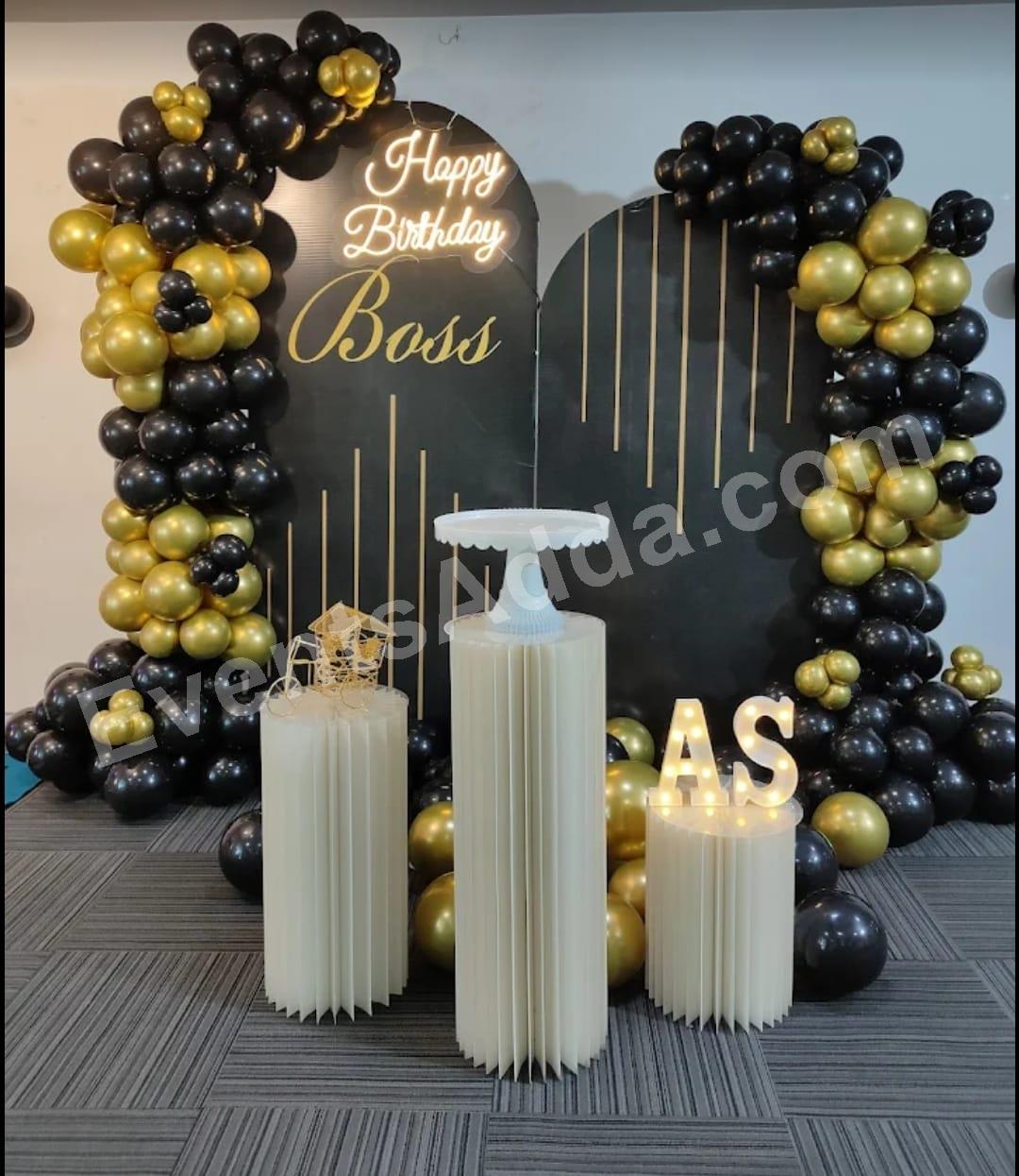 Black and Gold Boss Birthday Balloon Decoration Decoration theme setup in Vizag