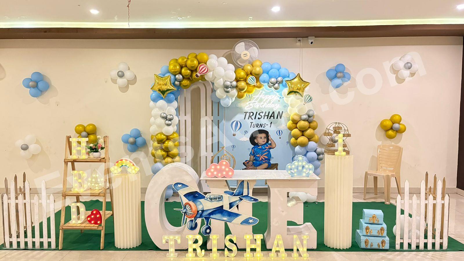 Blue and Gold First Birthday Airplane Theme Decoration in Hyderabad