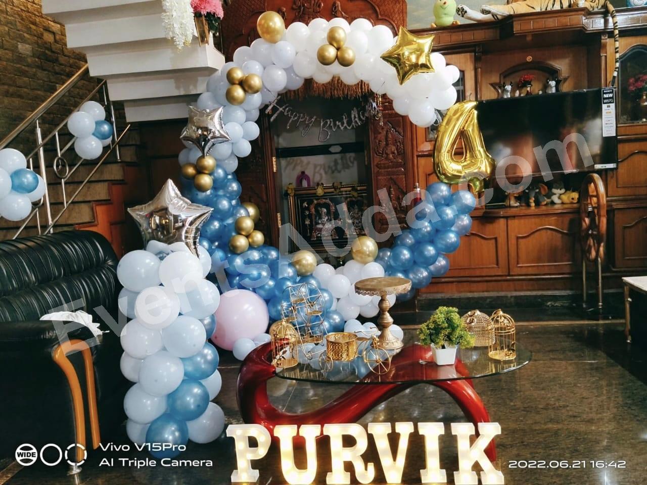 Blue and White Balloon Arch 4th Birthday Decoration in Hyderabad