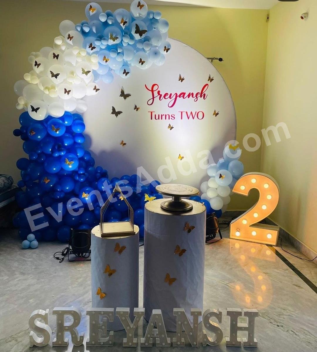 blue-and-white-butterfly-theme-2nd-birthday-decoration Decoration in =Nagarkurnool