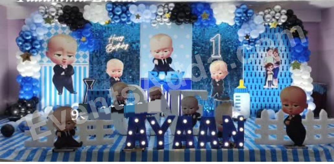 Boss Baby Blue & Black First Birthday Stage Decoration Decoration in Ahmedabad