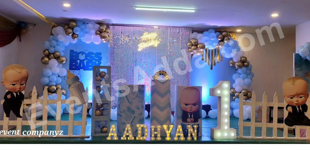 boss-baby-blue--gold-first-birthday-stage-decoration in Malaysia