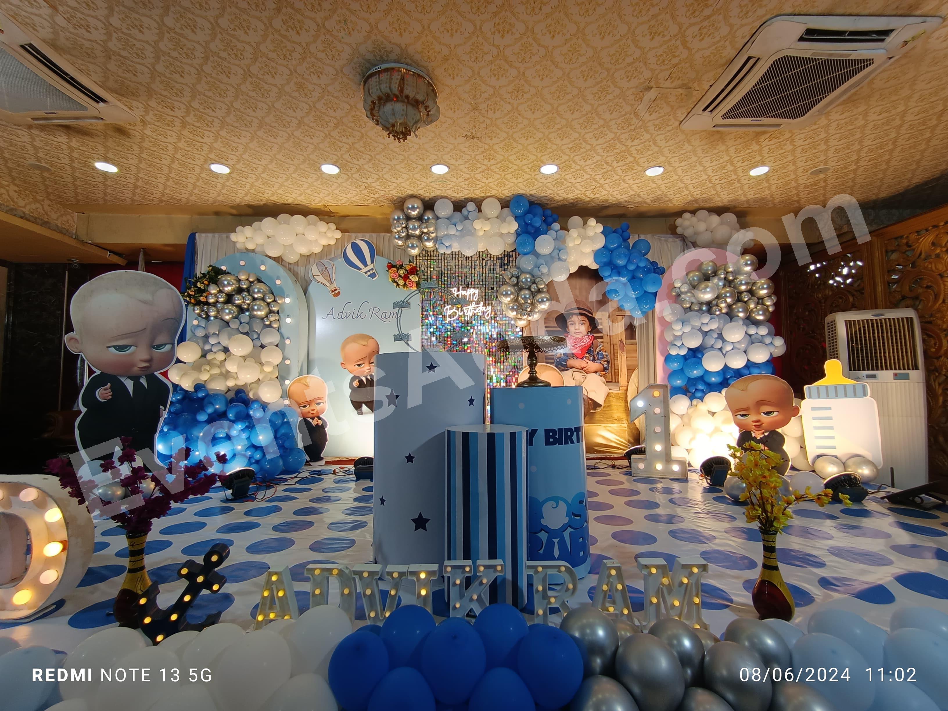 boss-baby-blue--silver-first-birthday-stage-decoration-2 in Ahmedabad