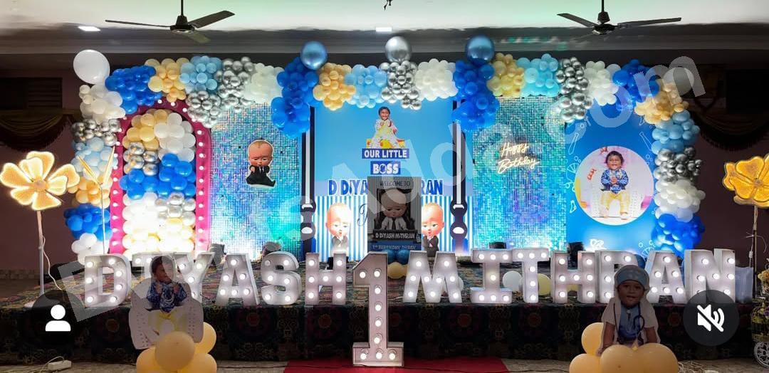boss-baby-blue--silver-first-birthday-stage-decoration in Ahmedabad