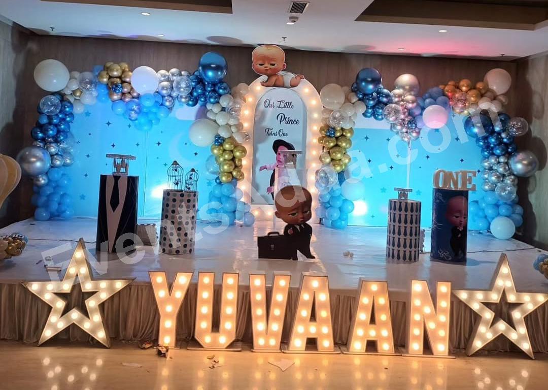 boss-baby-blue--silver-prince-first-birthday-stage-decoration in Ahmedabad