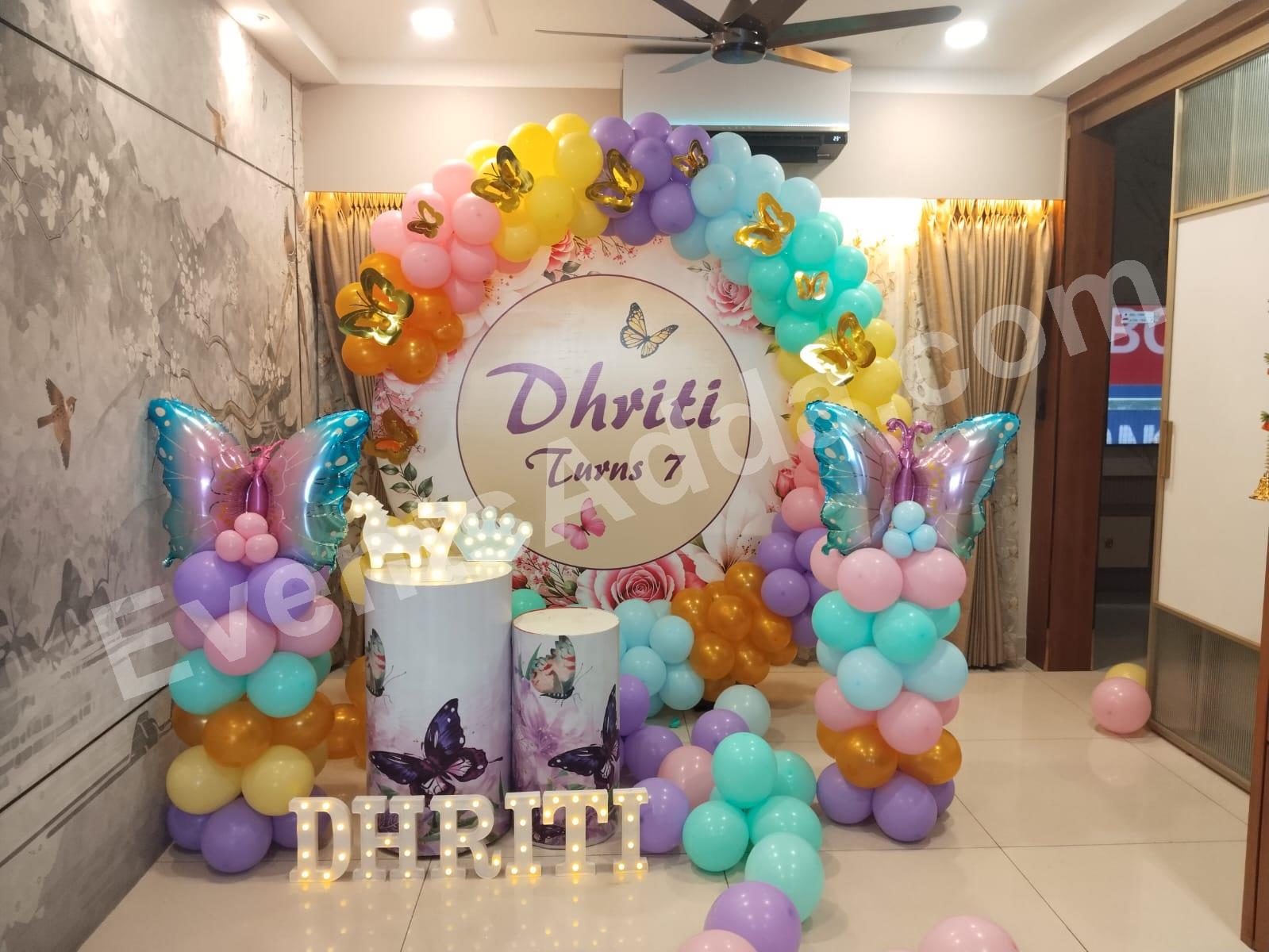 butterfly-rainbow-theme-7th-birthday-balloon-decoration in Chandigarh