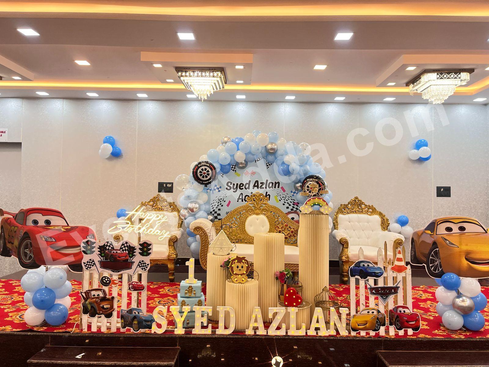 Cars Themed Birthday Decoration with Royal Seating in Bangalore