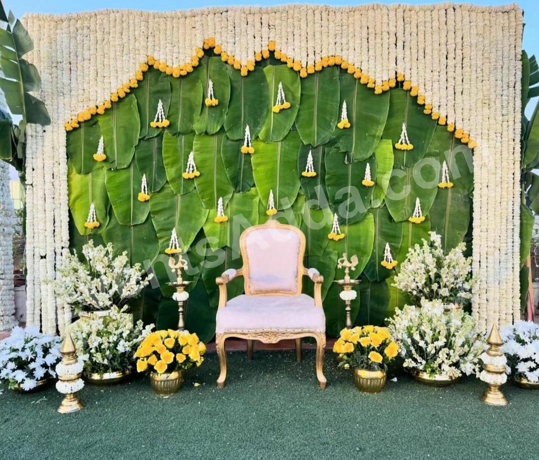 elegant-banana-leaf--jasmine-floral-backdrop-decoration in Chandigarh