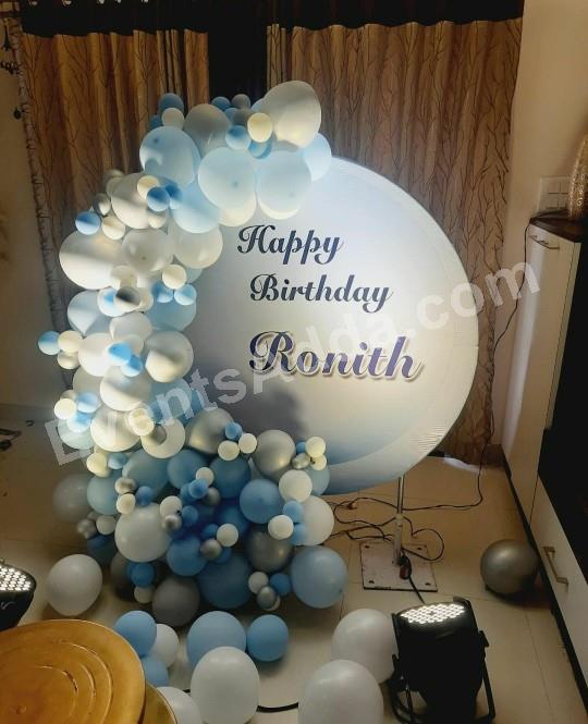 elegant-blue-and-white-balloon-birthday-decoration-with-personalised-round-backdrop Decoration in =Hyderabad
