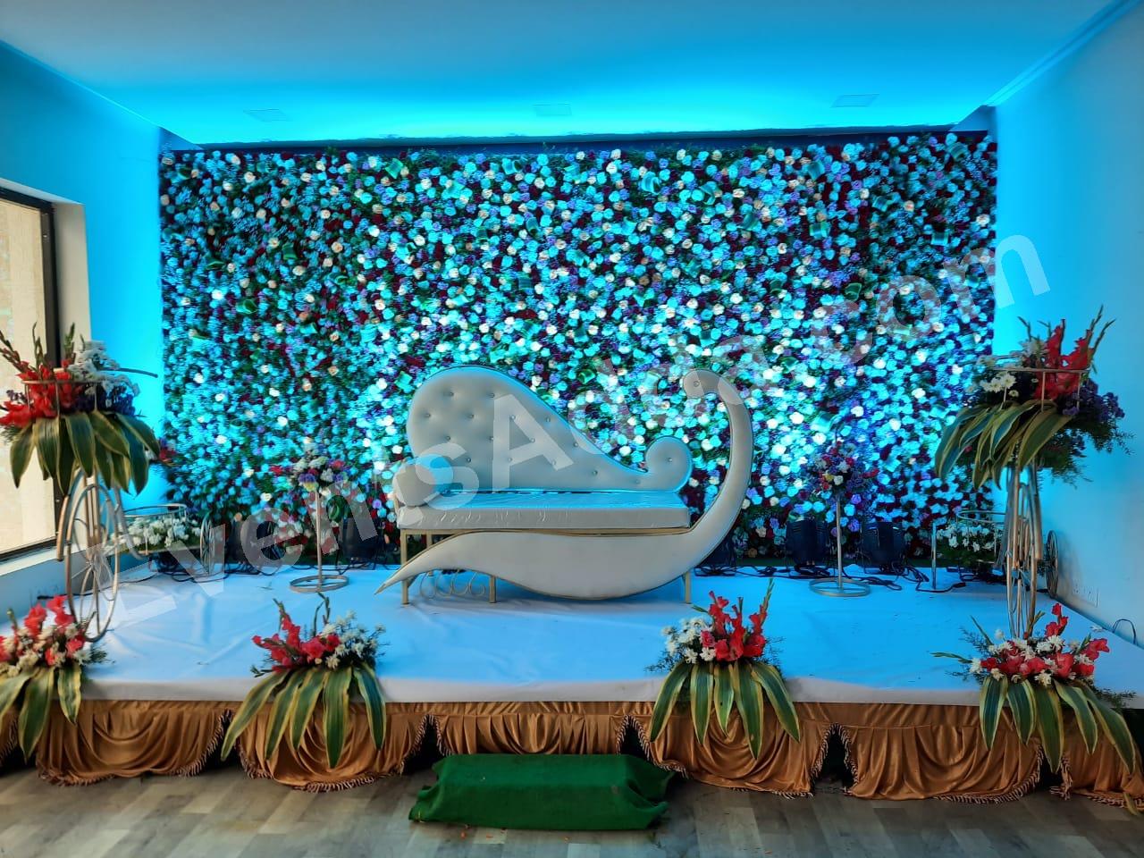 elegant-blue-floral-sofa-stage-decoration in Hyderabad