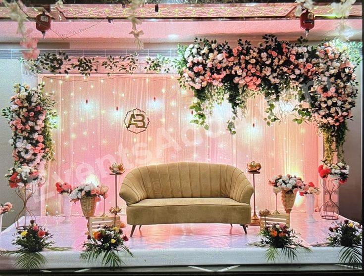 Elegant Blush Floral Couple Stage Decoration Decoration in Peddapalli