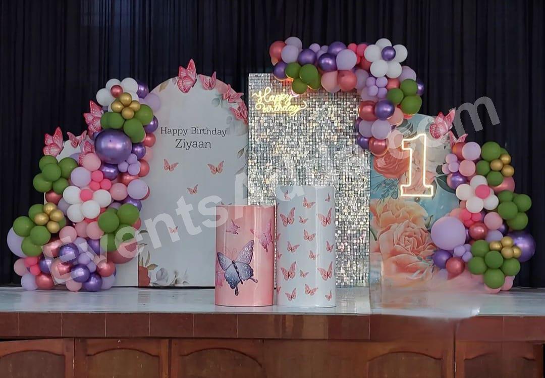 elegant-butterfly-shimmer-first-birthday-decoration Decoration in =Hyderabad