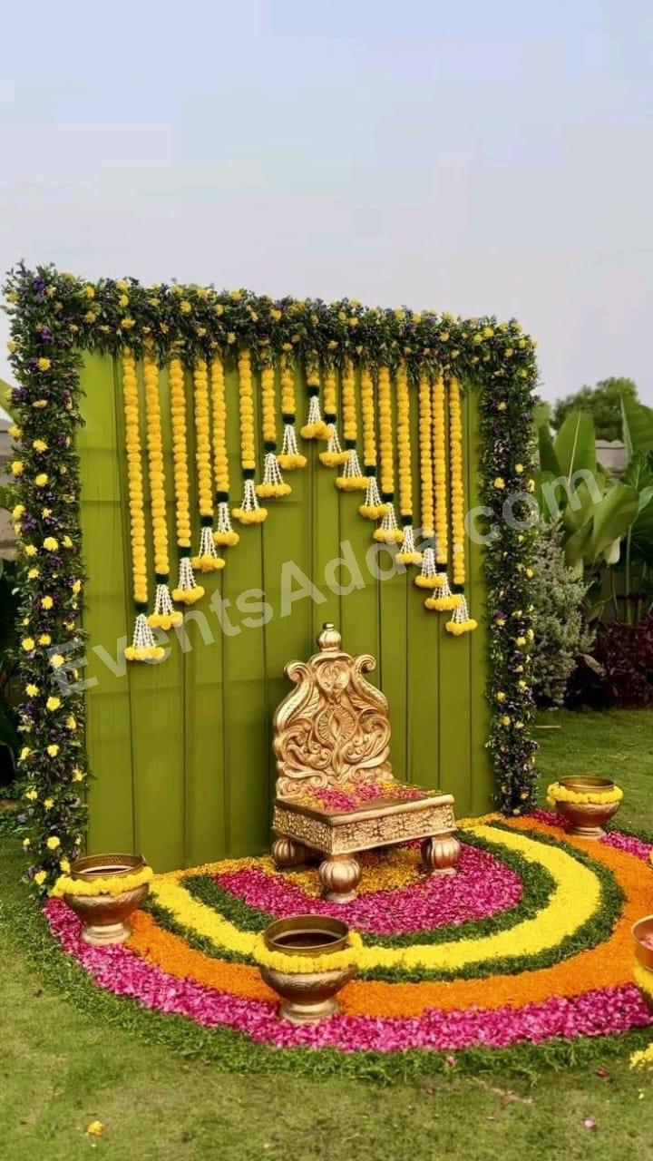 Elegant Green Floral Haldi Ceremony Backdrop Decoration Decoration in Peddapalli