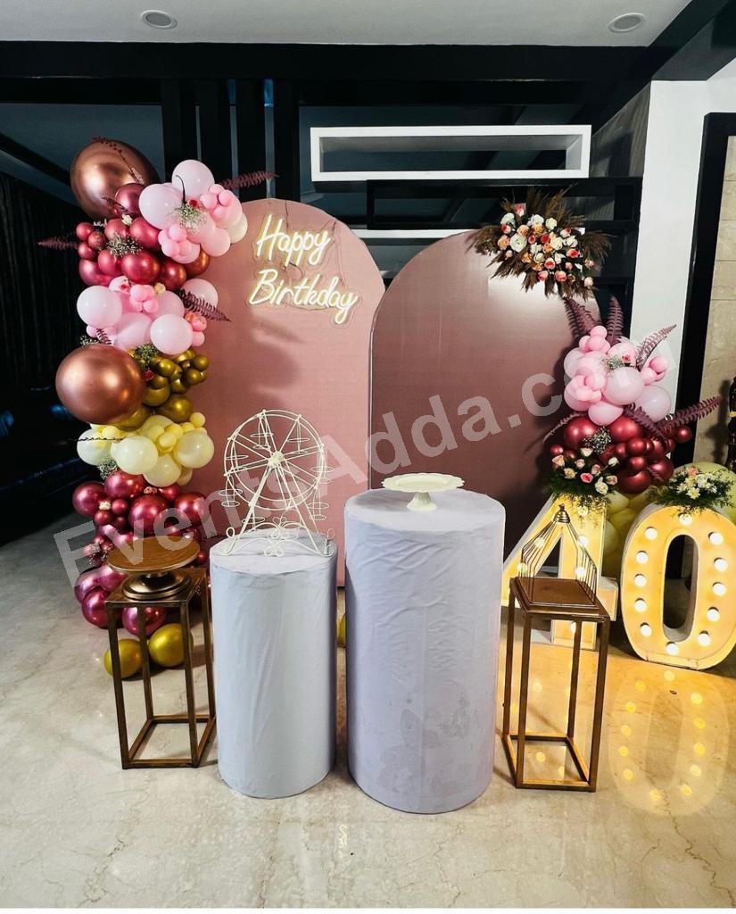 Elegant Rose Gold Milestone Birthday Decoration with LED Backdrop Decoration in Dubai