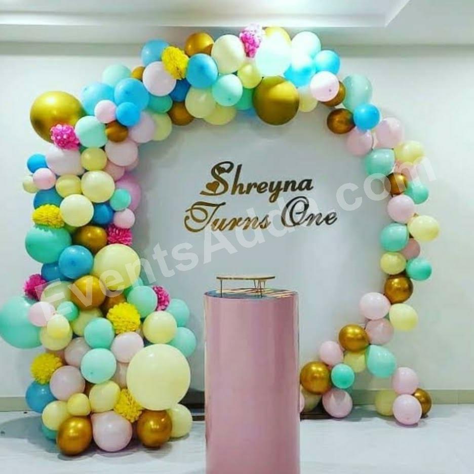 elegant-white,-gold--rose-gold-first-birthday-balloon-decoration Decoration in =Hyderabad