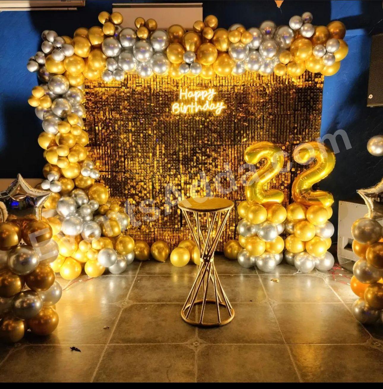 golden-glam-22nd-birthday-shimmer-backdrop-decoration in Vijayawada