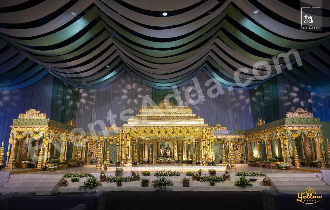 grand-gold-temple-inspired-wedding-stage-with-draped-ceiling Decoration in udaipur