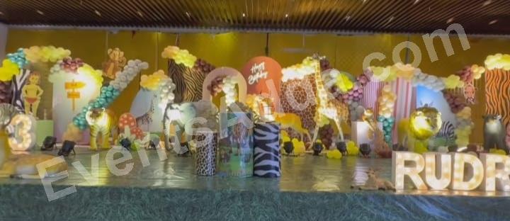 Grand Jungle Safari Birthday Stage Decoration Decoration theme setup in Vijayawada