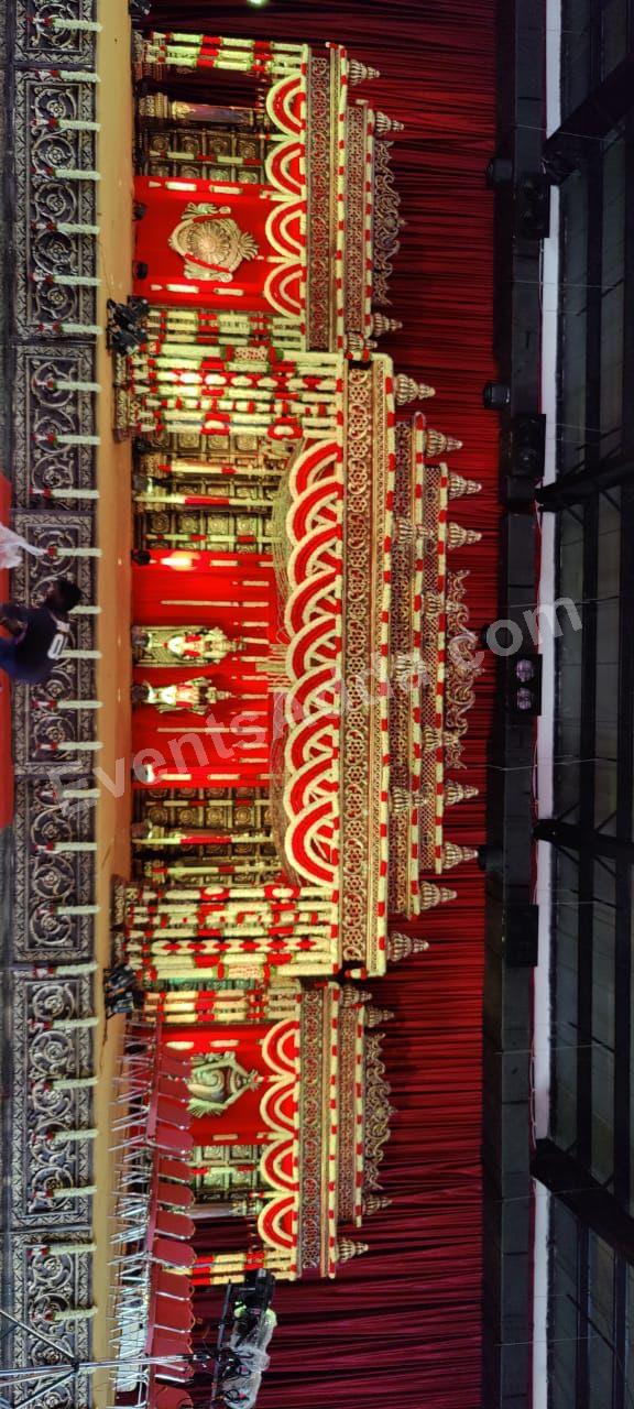 Grand Red and Gold Traditional Wedding Stage Decoration in Hyderabad