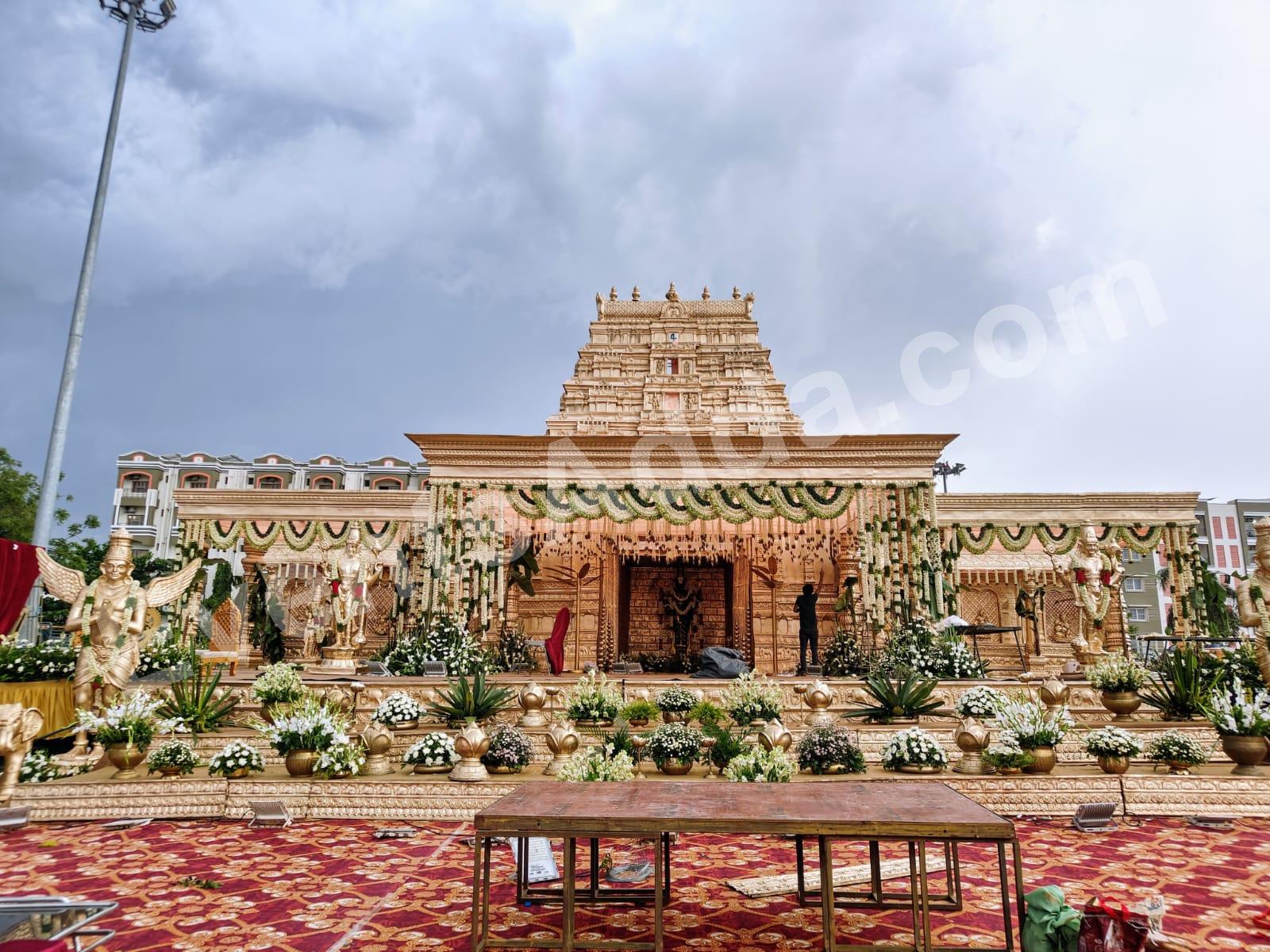 grand-south-indian-temple-theme-wedding-stage-decoration in Hyderabad