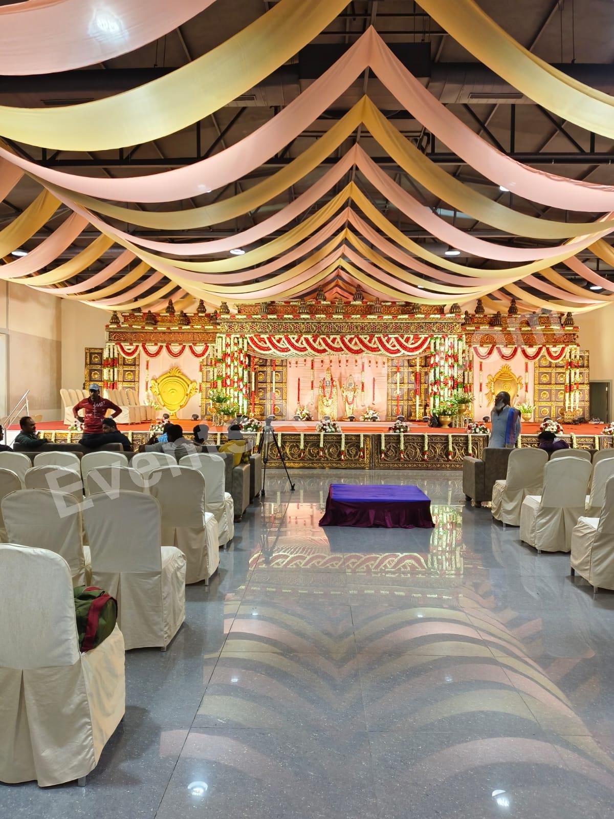 Grand Traditional Wedding Stage with Draped Ceiling Decoration in Hyderabad