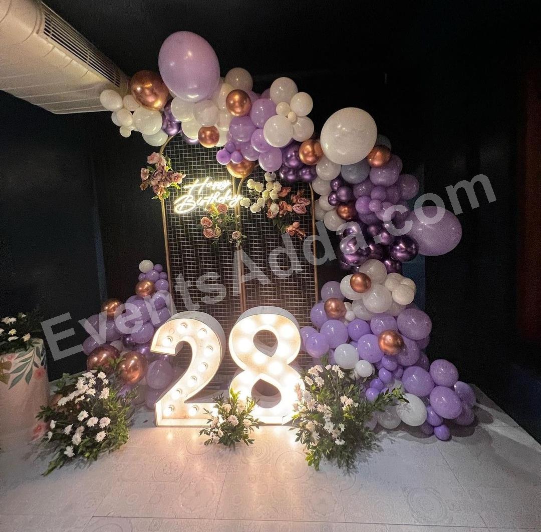 lavender-luxe-birthday-decoration-with-led-marquee-numbers in Mumbai