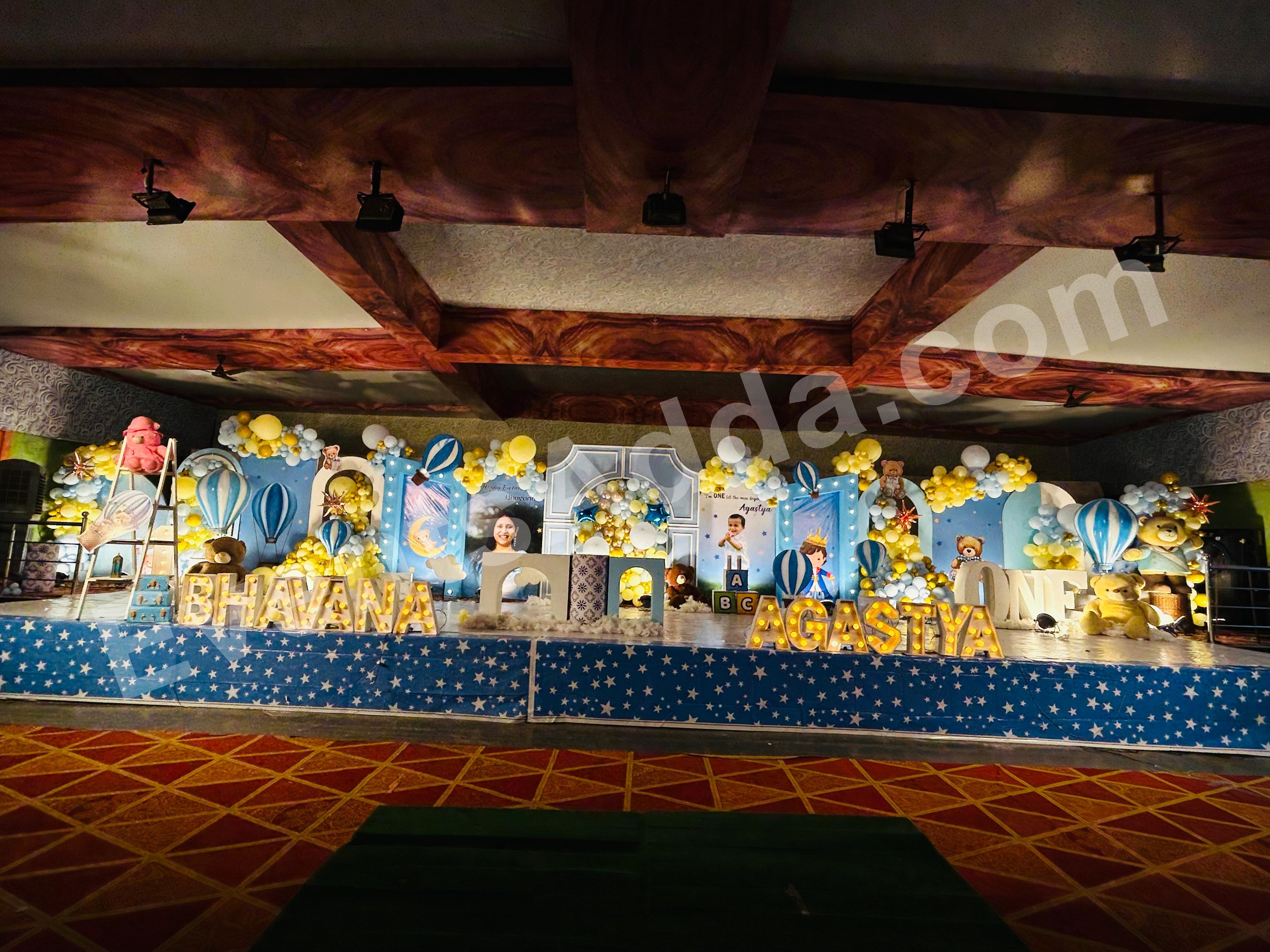 luxury-blue-hot-air-balloon--teddy-bear-first-birthday-stage-decoration Decoration in =Hyderabad