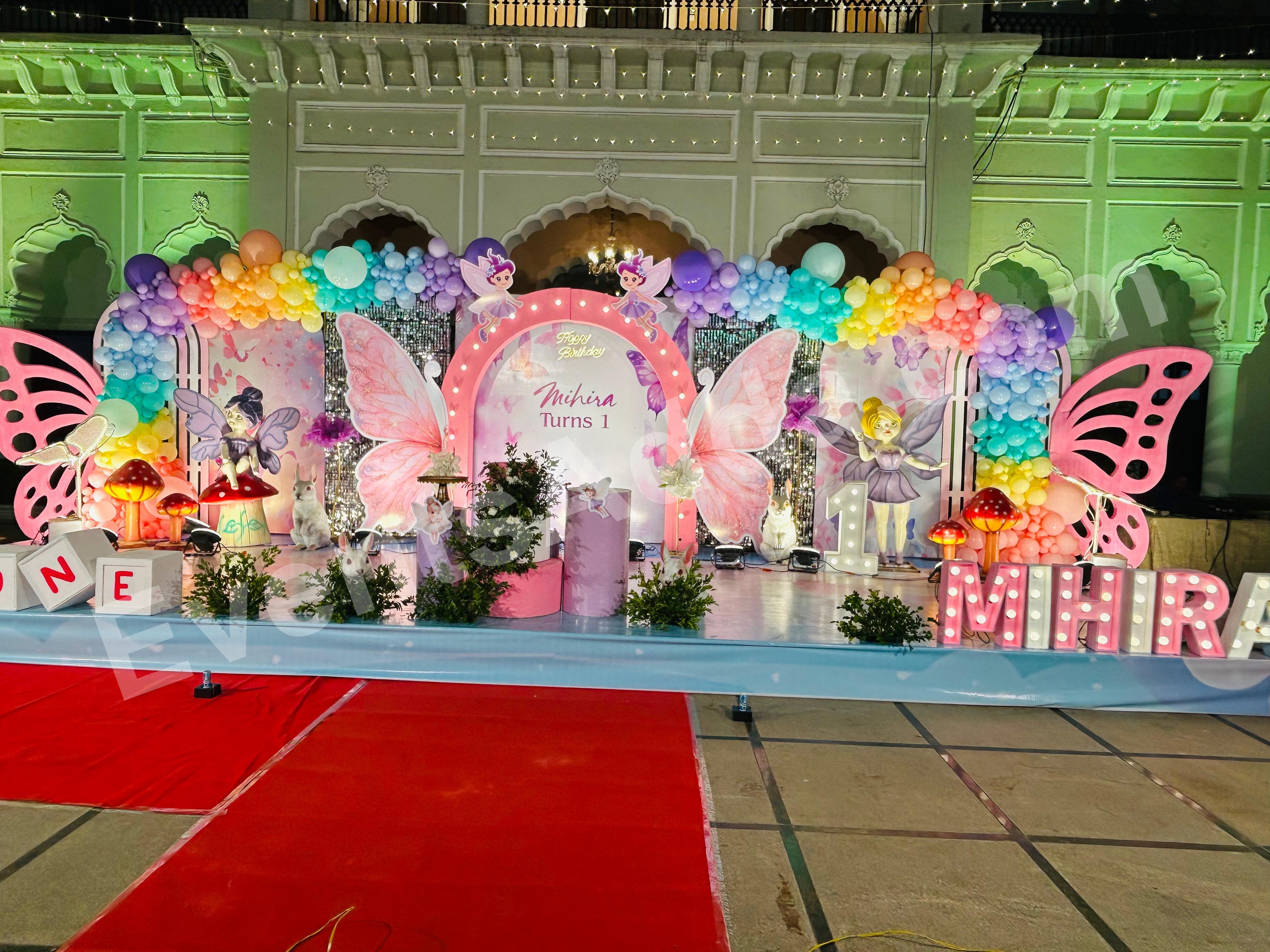 luxury-butterfly-fairy-theme-first-birthday-stage-decoration Decoration in =Hyderabad