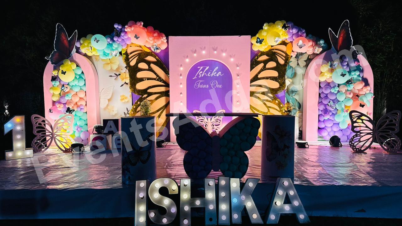 luxury-butterfly-wings-first-birthday-stage-decoration Decoration in =Hyderabad