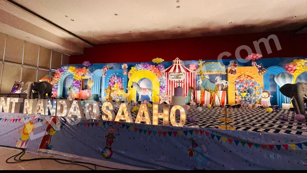 luxury-carnival-safari-birthday-stage-decoration in Vijayawada