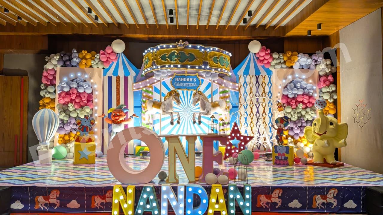 luxury-carnival-theme-first-birthday-stage-decoration in Gujarat