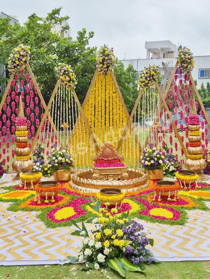 luxury-geometric-haldi-floral-stage-decoration Decoration in =Hyderabad