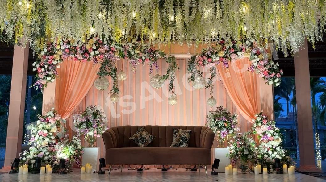 luxury-hanging-floral-reception-stage-decoration in Kolkata