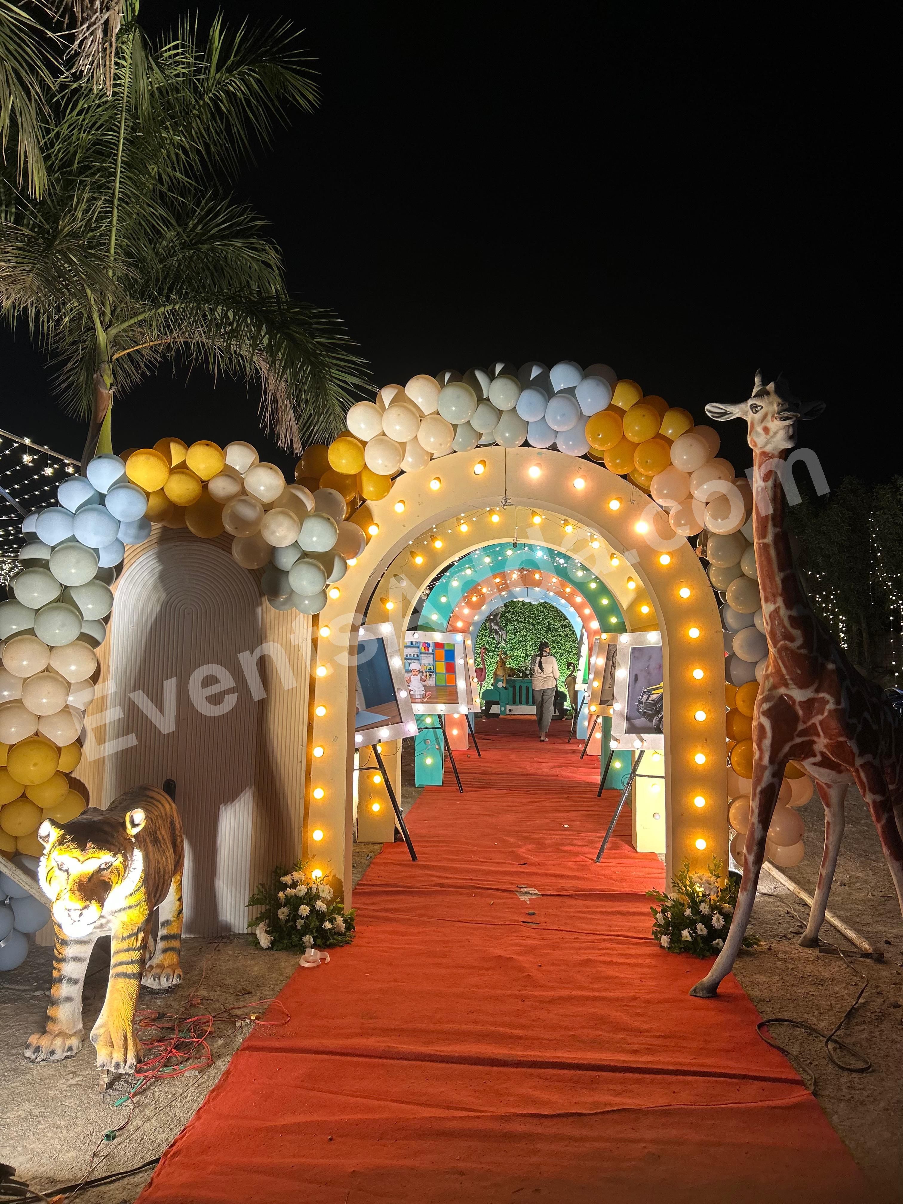luxury-jungle-safari-entrance-arch-decoration-with-led-walkway Decoration in =Hyderabad