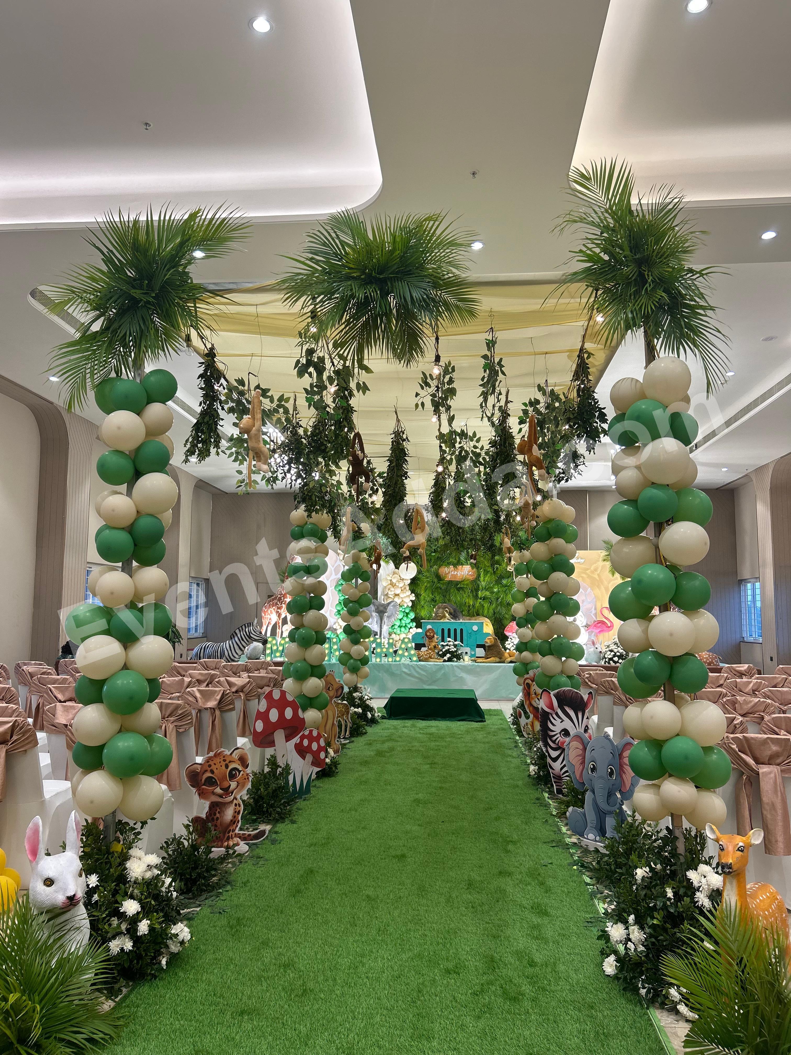 luxury-jungle-safari-theme-entrance-decoration-with-balloon-pillars Decoration in =Hyderabad