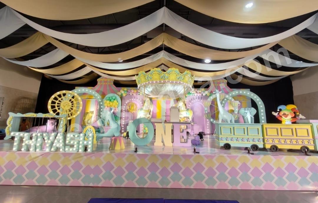 luxury-pastel-carnival-carousel-first-birthday-decoration in Vijayawada