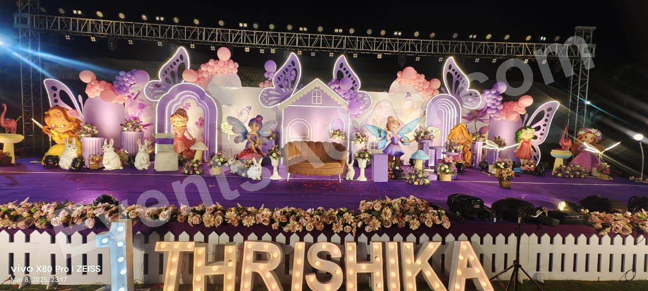 luxury-purple-fairy-garden-theme-first-birthday-stage-decoration Decoration in =Hyderabad