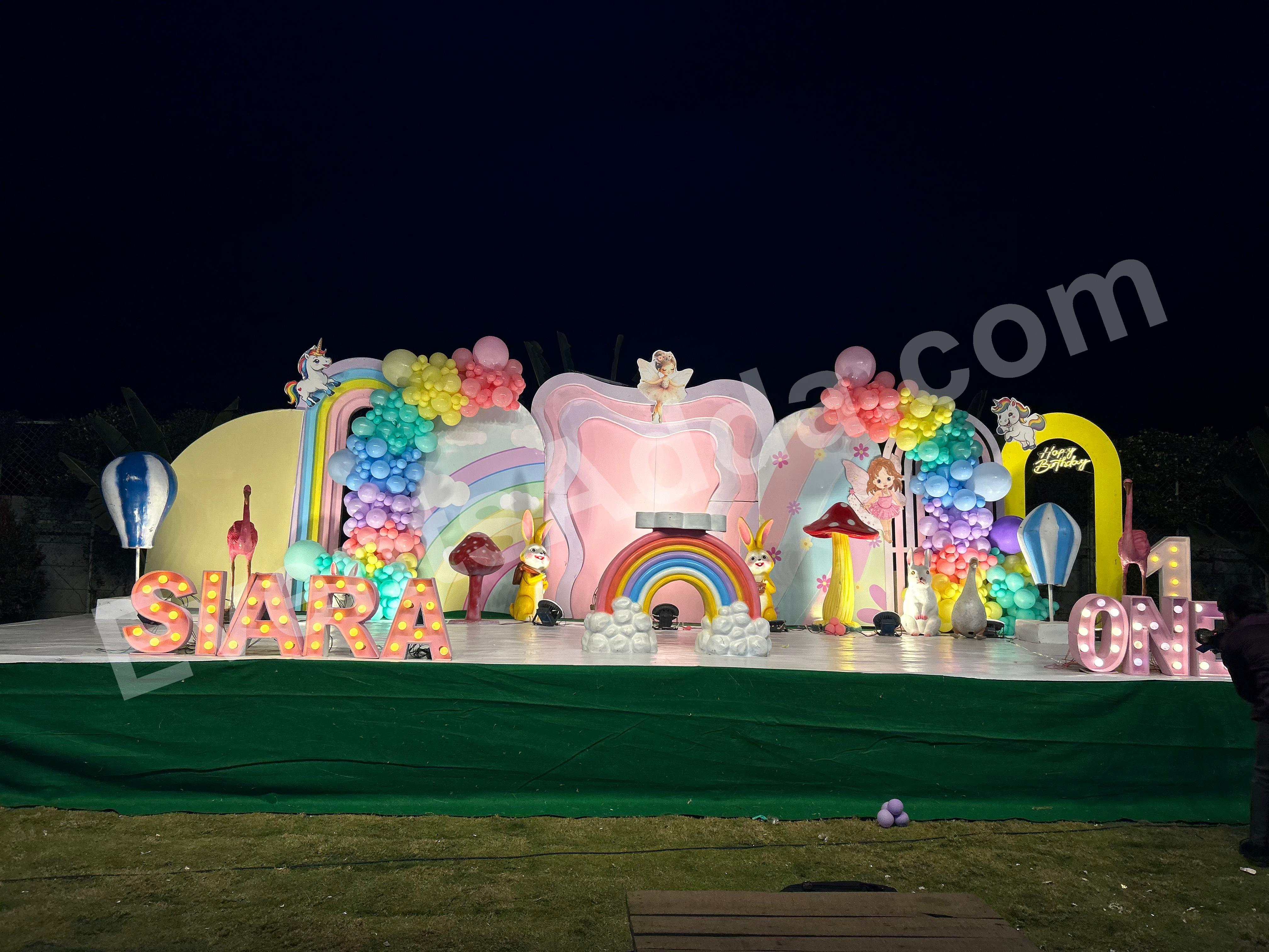 luxury-rainbow-unicorn--fairy-theme-first-birthday-stage-decoration Decoration in =Hyderabad