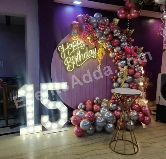 luxury-rose-gold--silver-15th-birthday-balloon-decoration-with-led-number--neon-sign Decoration in =Hyderabad