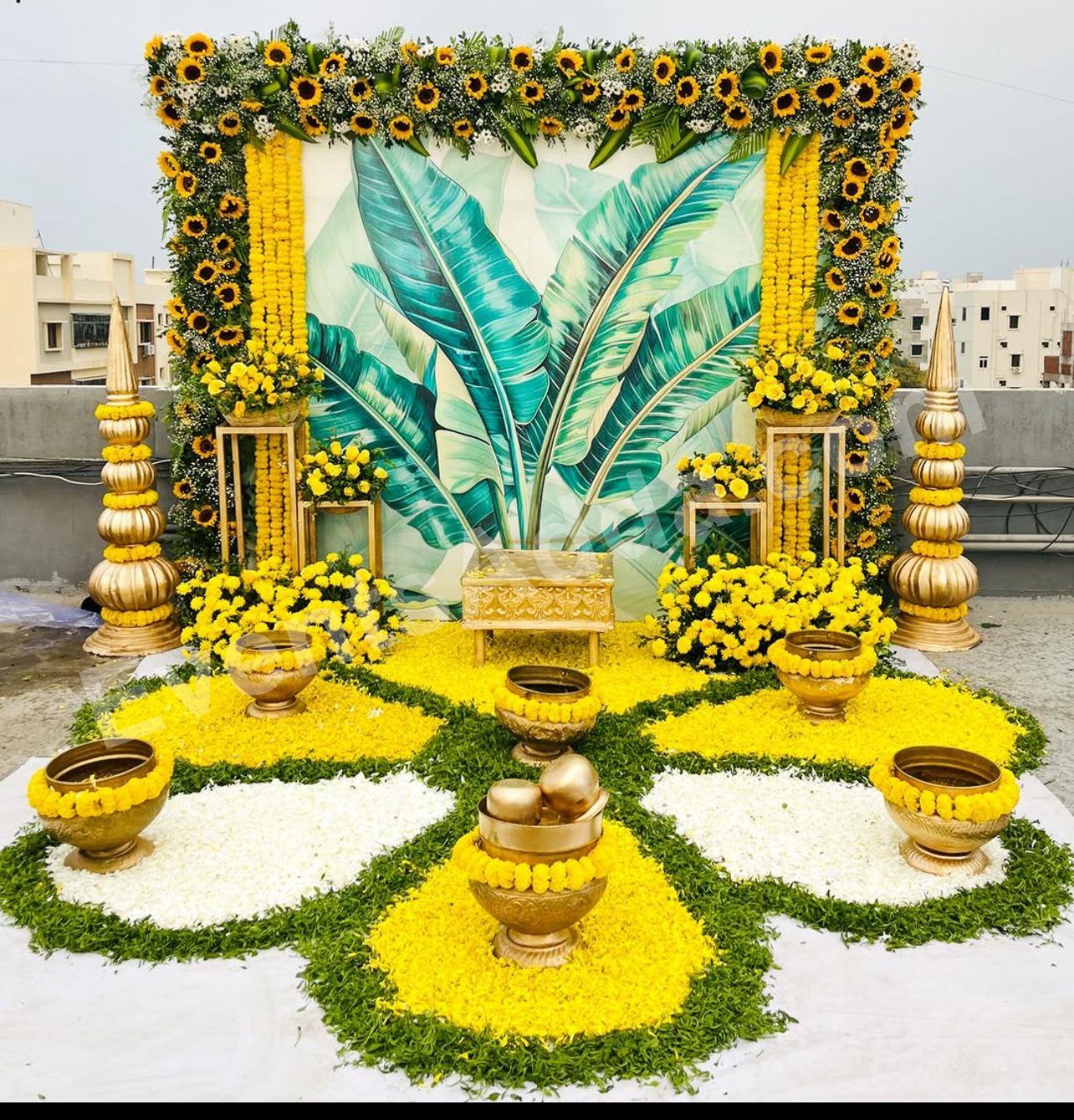 luxury-tropical-haldi-decoration-with-sunflower-theme Decoration in =Hyderabad