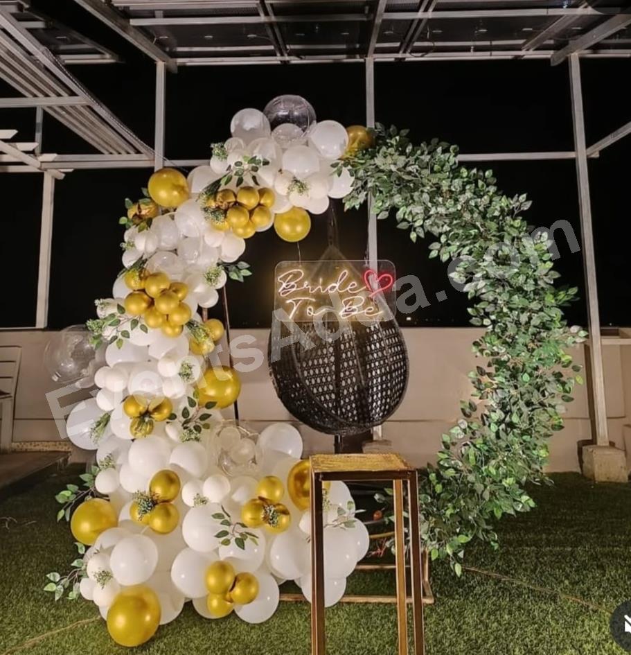 Luxury White & Gold Bride To Be Balloon Ring Decoration with Neon Sign Decoration in Vijayawada