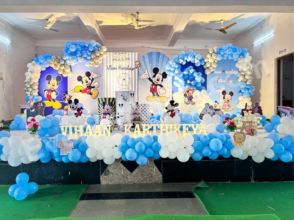 mickey-mouse-blue--white-first-birthday-stage-decoration in Ahmedabad