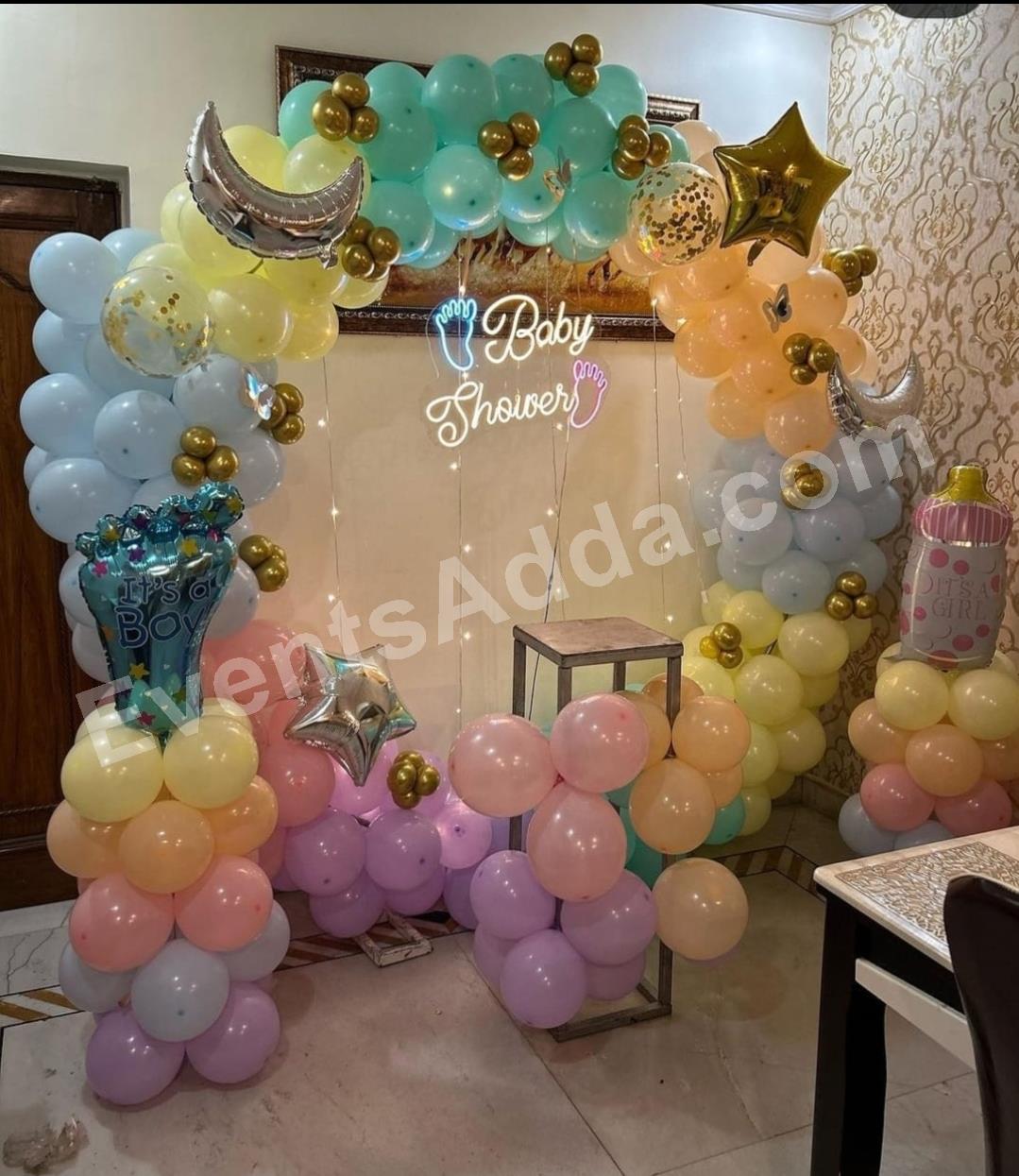 Pastel Baby Shower Balloon Arch Decoration with LED Neon Sign Decoration in Pune