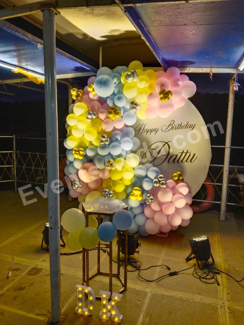 Pastel Balloon Birthday Backdrop with Personalised Name Decoration in Nagarkurnool