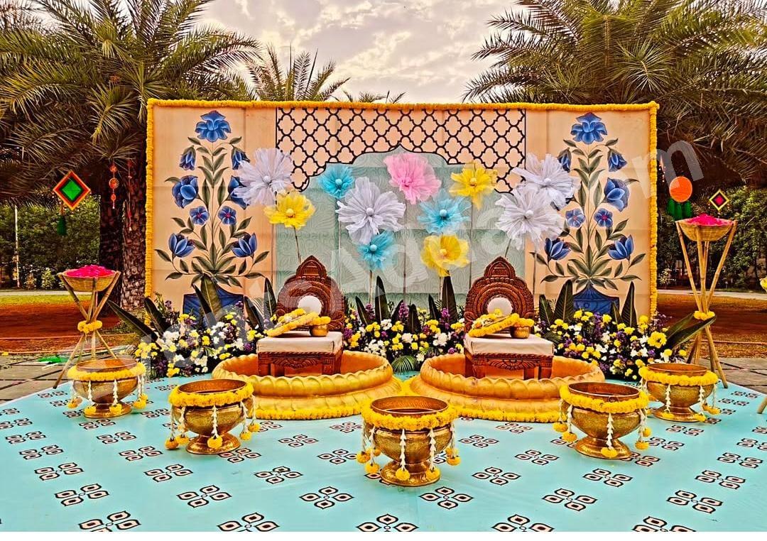 pastel-floral-couple-haldi-ceremony-decoration Decoration in =Hyderabad