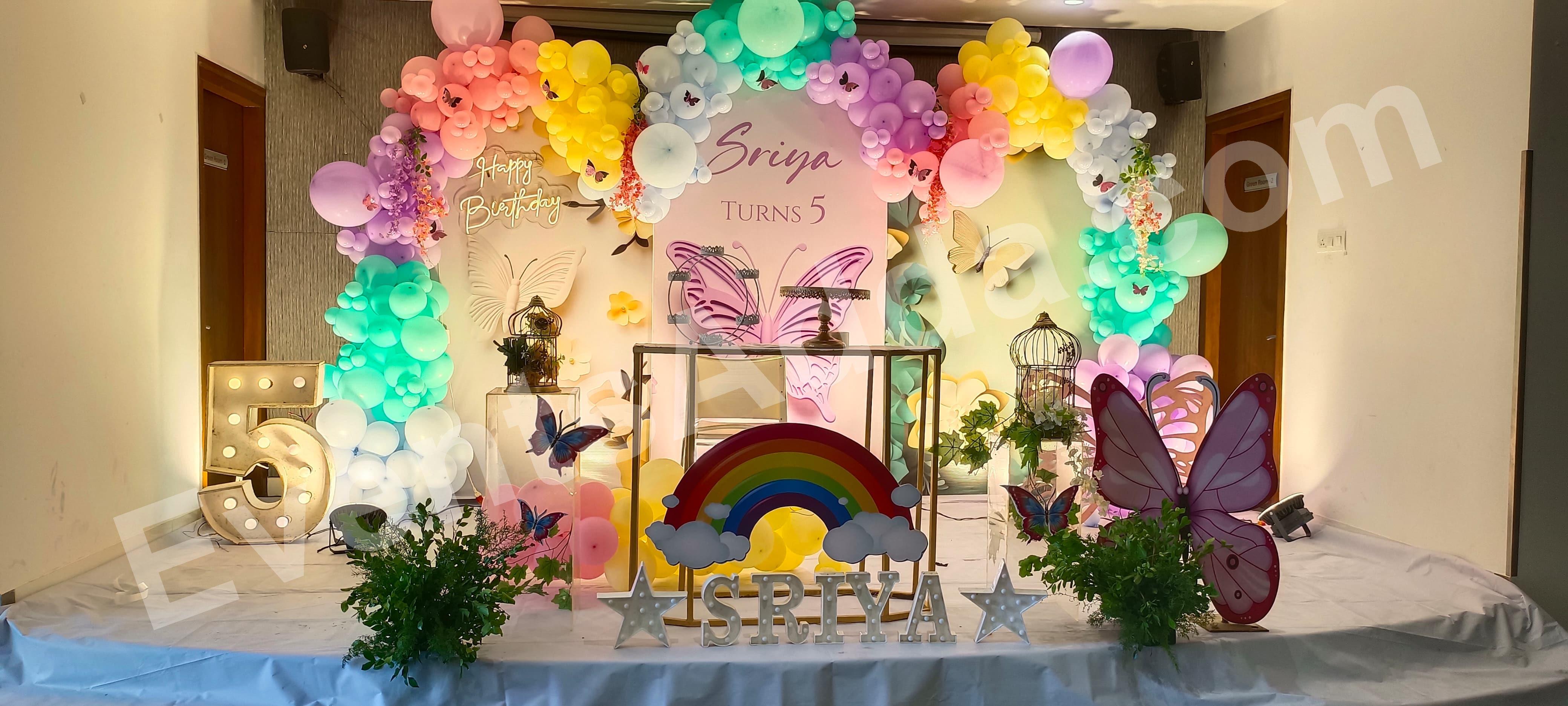 pastel-rainbow-butterfly-birthday-stage-decoration Decoration in =Hyderabad