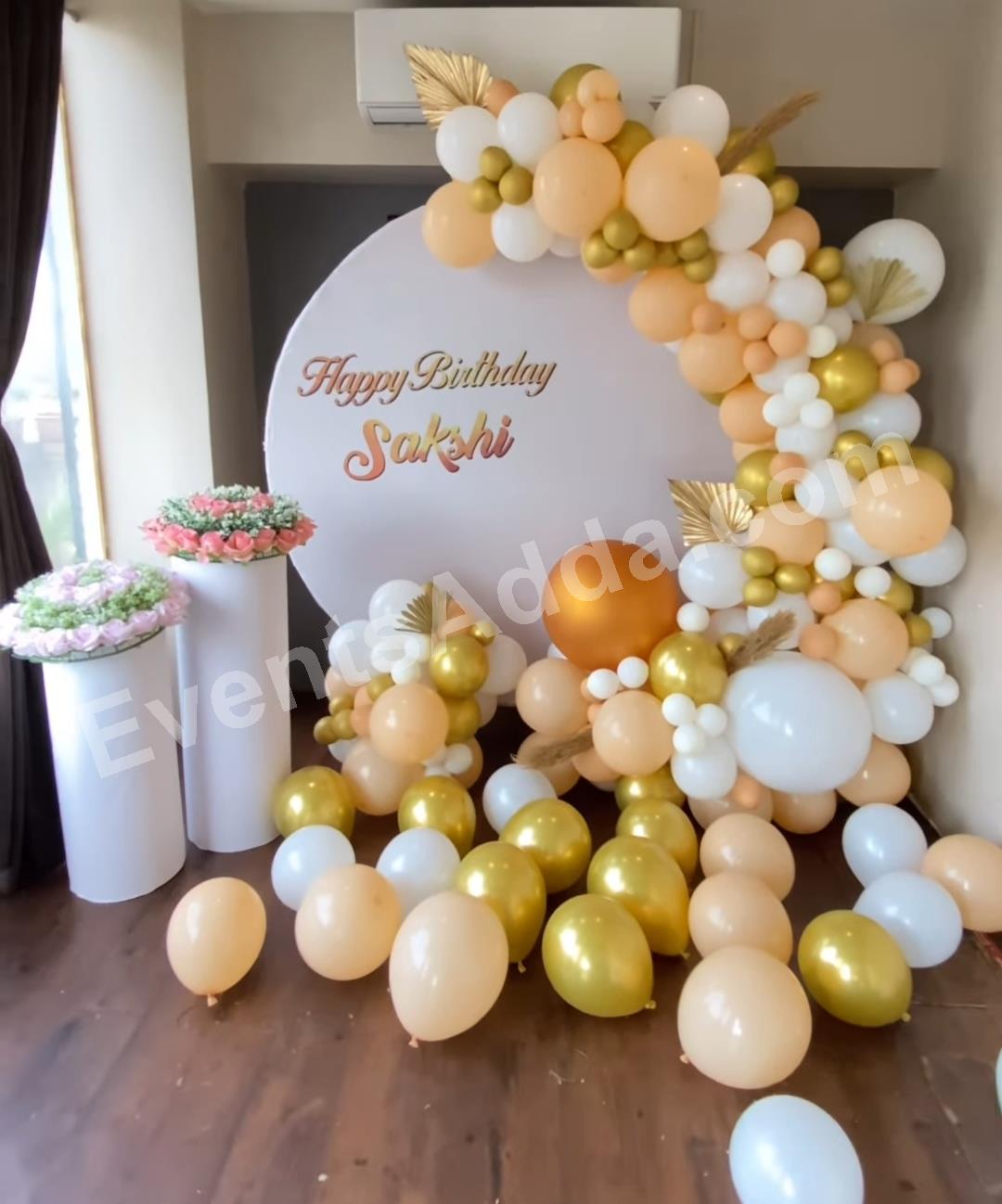 peach,-white--and-gold-elegant-birthday-decoration-with-round-backdrop Decoration in =Nagarkurnool