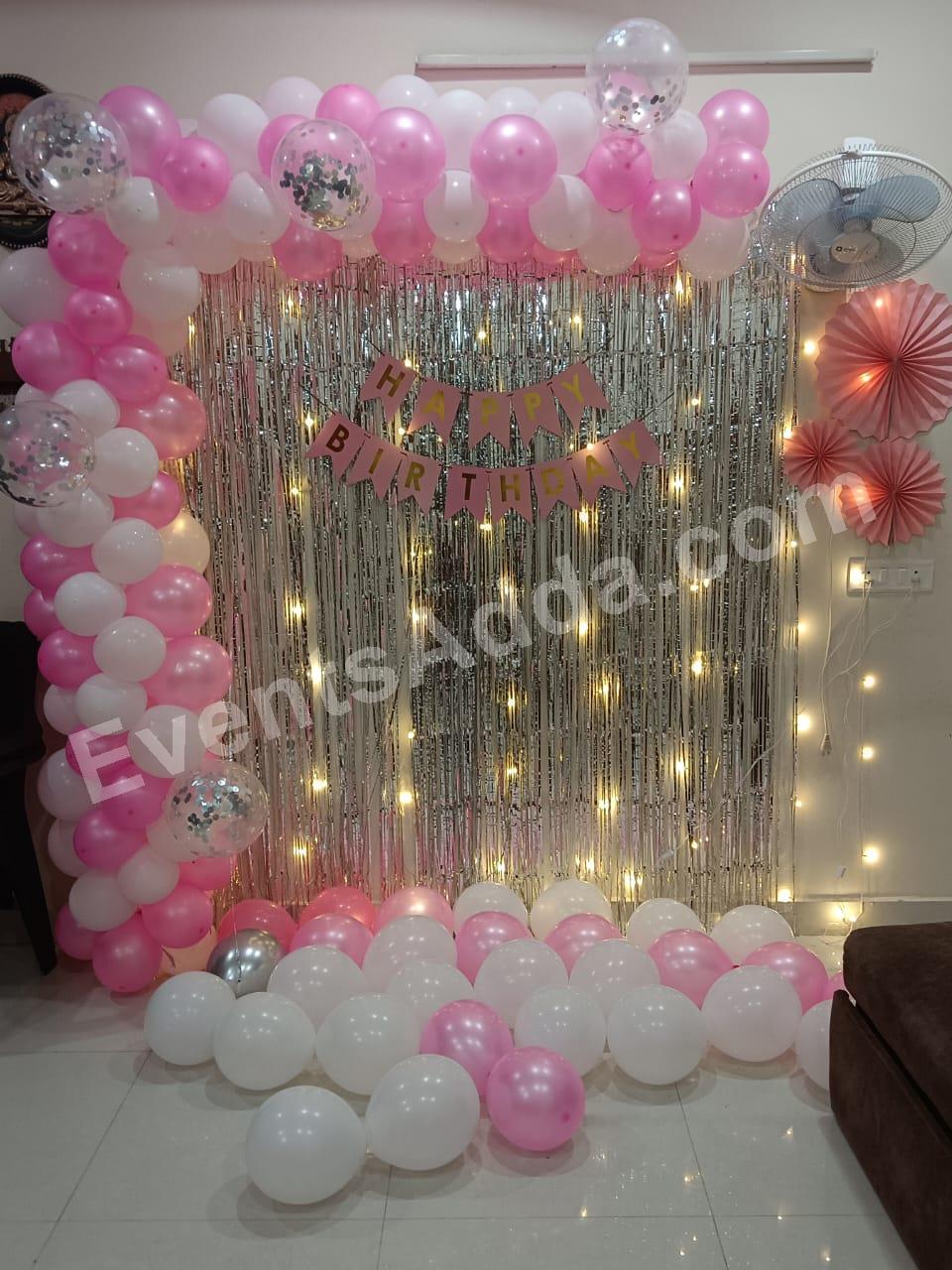 pink--white-birthday-balloon-backdrop-decoration in Jaipur
