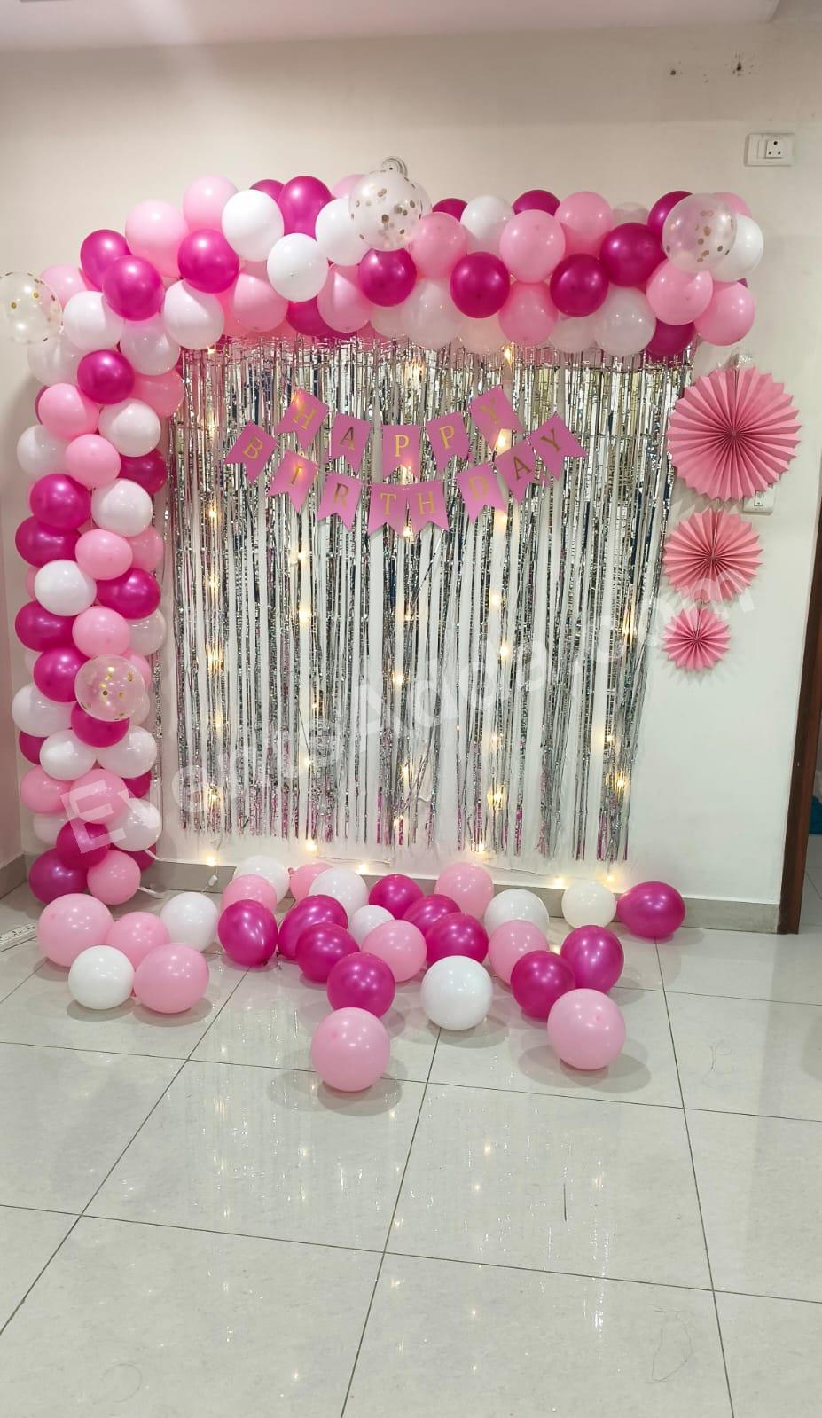 pink-birthday-balloon-arch-decoration-with-silver-fringe-backdrop in Chandigarh